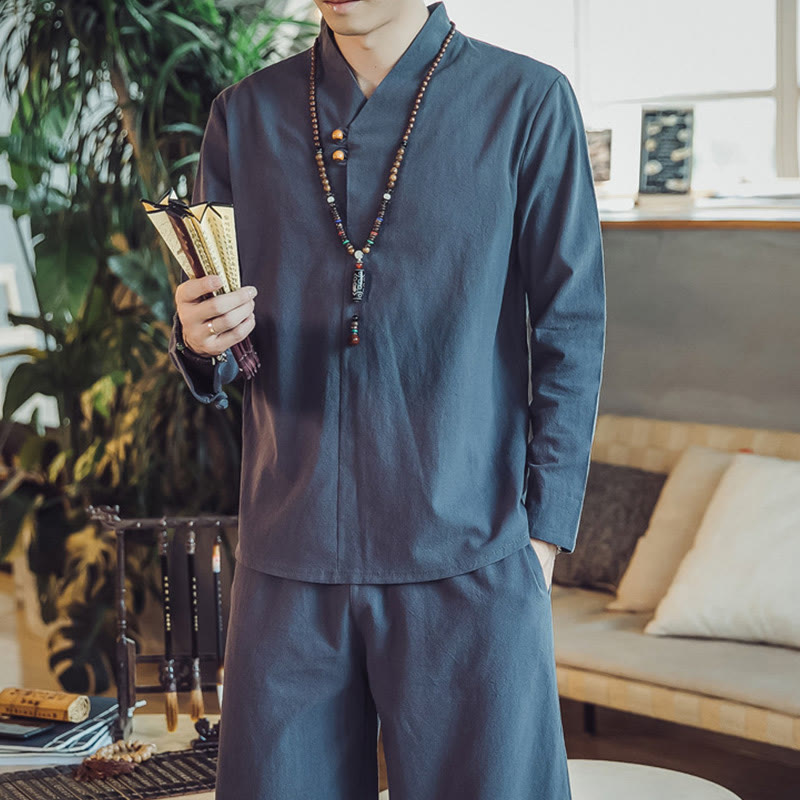 Koszula z Buddha Stones, 2 sztuki, spodnie do kostek z kieszeniami, męski zestaw do medytacji - image 42