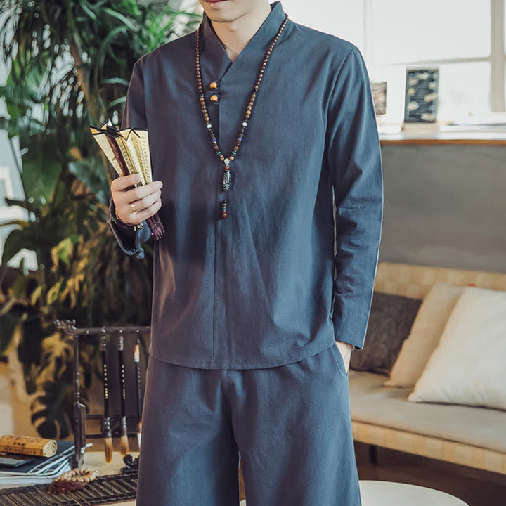 Koszula z Buddha Stones, 2 sztuki, spodnie do kostek z kieszeniami, męski zestaw do medytacji - image 42