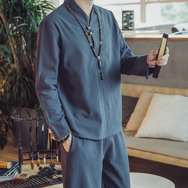 Koszula z Buddha Stones, 2 sztuki, spodnie do kostek z kieszeniami, męski zestaw do medytacji - image 40