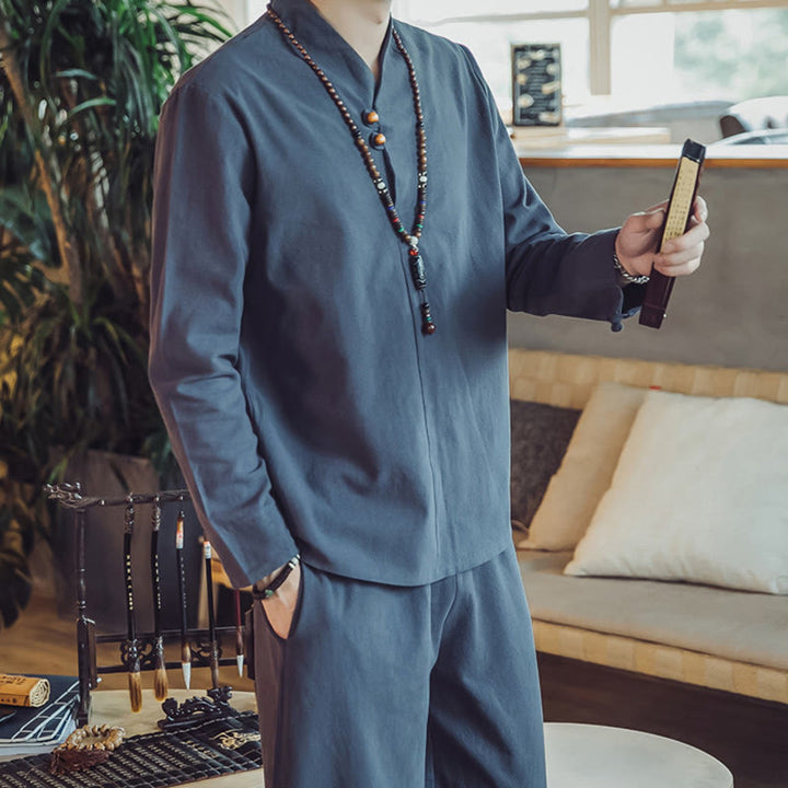 Koszula z Buddha Stones, 2 sztuki, spodnie do kostek z kieszeniami, męski zestaw do medytacji - image 40