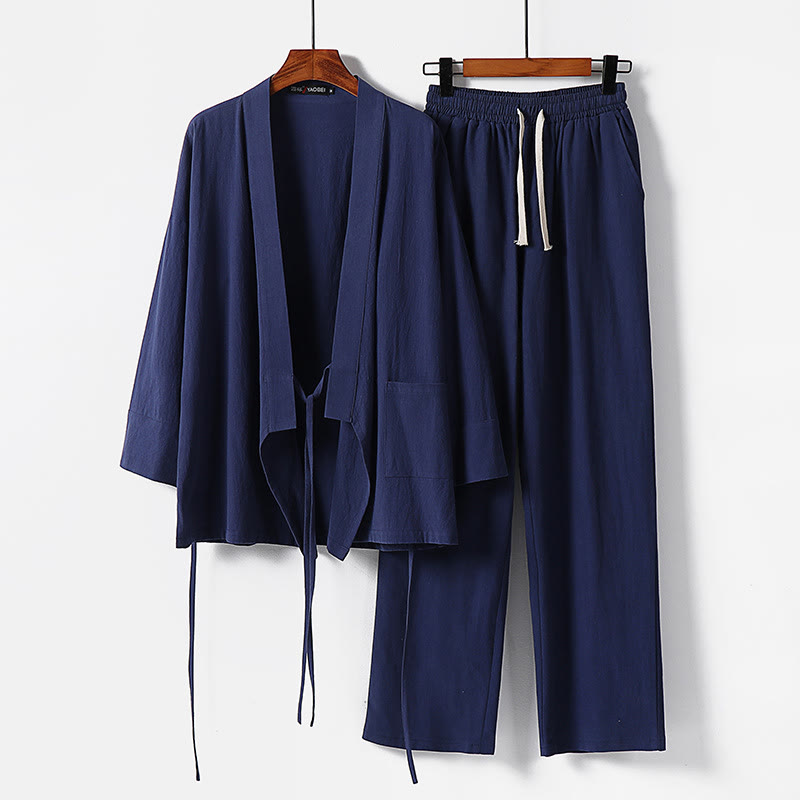 Zestaw męskich spodni kimono z sznurowaniem i kieszeniami z motywem kamieni Buddha Stones , do medytacji - Stalowoniebieski - US/UK/AU54， EU64 (9XL) - image 12