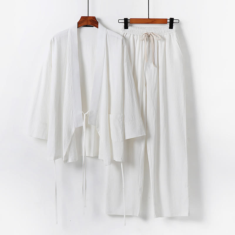 Buddha Stones, 2-częściowy zestaw spodni kimono z bawełny i lnu, sznurowanych, z kieszeniami, męski zestaw do medytacji - Biały - US/UK/AU54， EU64 (9XL) - image 1