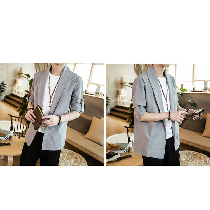 Buddha Stones Vintage Gładka Kurtka Męska Kimono Bawełniane z Otwartym Przodem - image 15