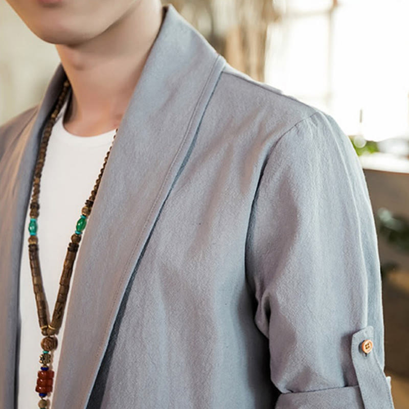 Buddha Stones Vintage Gładka Kurtka Męska Kimono Bawełniane z Otwartym Przodem - image 14