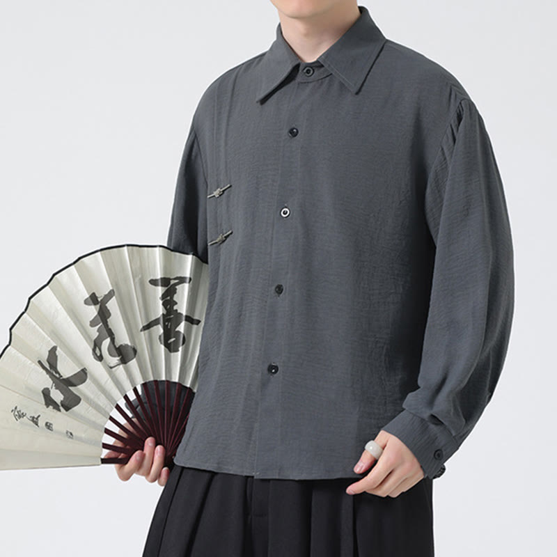 Koszula męska bawełniana z długimi rękawami i gładkimi guzikami w kształcie Buddha Stones ze stójką - Szary - US/UK/AU46， EU56 (5XL) - image 1