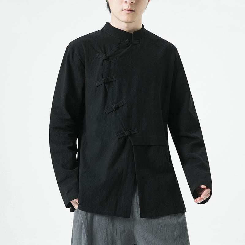 Koszula męska z długim rękawem z bawełny i guzikami w stylu vintage z motywem chińskiej Buddha Stones - Czarny - US/UK/AU46， EU56 (5XL) - image 12