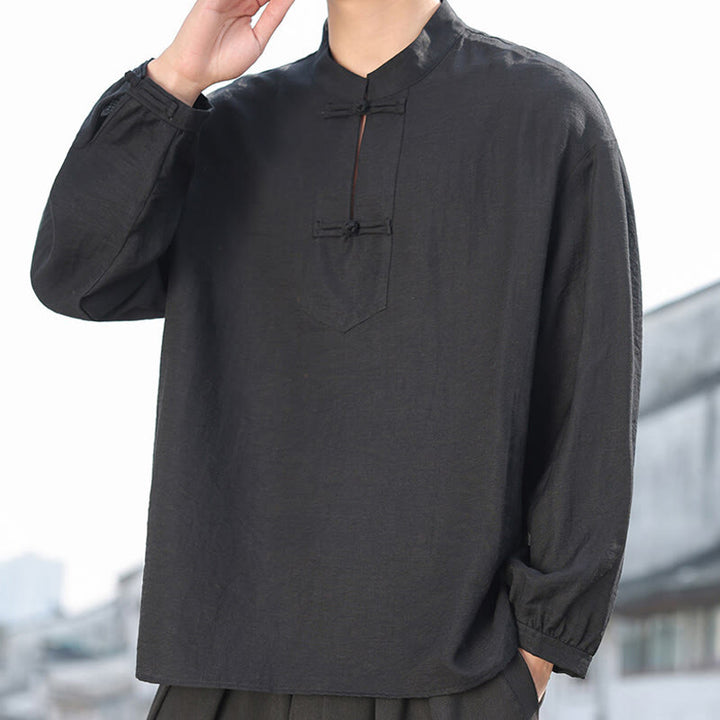 Koszula męska z długim rękawem i kołnierzykiem ze stójką i dwoma guzikami w kształcie żaby z motywem Buddha Stones - Czarny - US/UK/AU48， EU58(5XL) - image 1