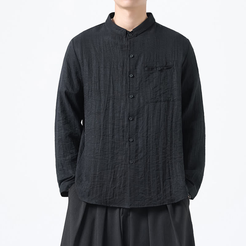 Koszula męska z długim rękawem z bawełny Buddha Stones w stylu vintage, prosta, zapinana na guziki i stójka - Czarny - US/UK/AU48， EU58(5XL) - image 9