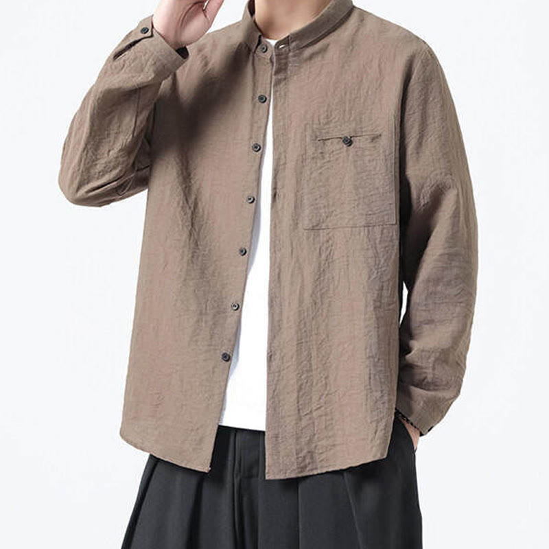 Koszula męska z długim rękawem z bawełny Buddha Stones w stylu vintage, prosta, zapinana na guziki i stójka - image 19