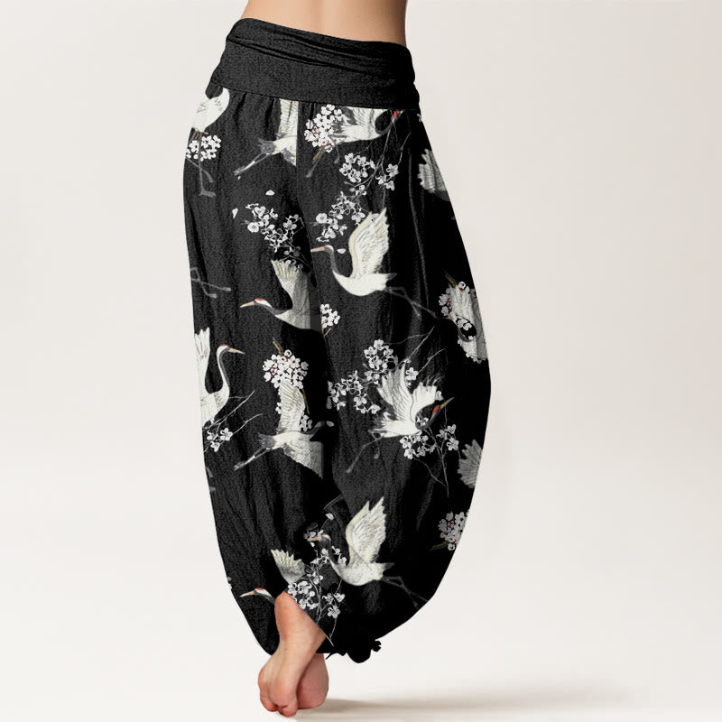 Spodnie haremowe damskie z elastyczną talią i wzorem w kwiaty żurawia w stylu casual i eleganckim z motywem kamieni Buddha Stones - image 3