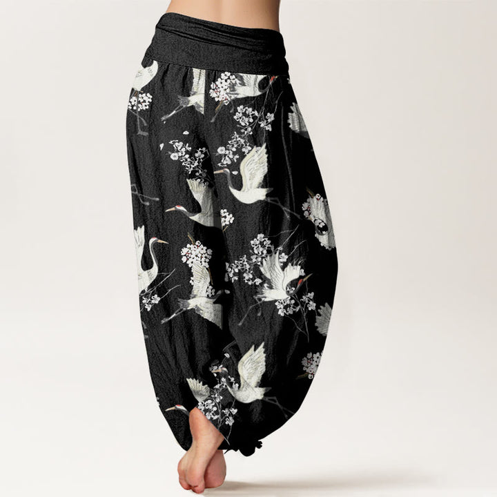 Spodnie haremowe damskie z elastyczną talią i wzorem w kwiaty żurawia w stylu casual i eleganckim z motywem kamieni Buddha Stones - image 3
