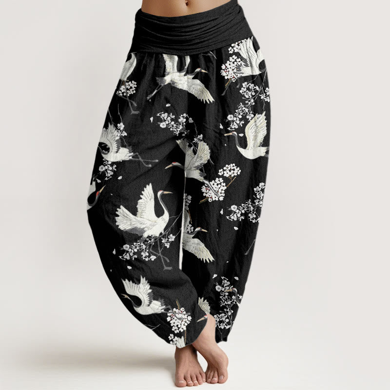Spodnie haremowe damskie z elastyczną talią i wzorem w kwiaty żurawia w stylu casual i eleganckim z motywem kamieni Buddha Stones - Czarny - US22, UK/AU26, EU54 (6XL) - image 1