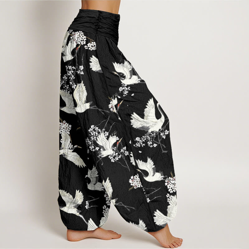 Spodnie haremowe damskie z elastyczną talią i wzorem w kwiaty żurawia w stylu casual i eleganckim z motywem kamieni Buddha Stones - image 2