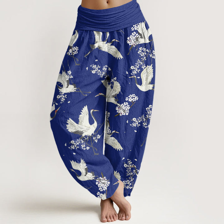 Spodnie haremowe damskie z elastyczną talią i wzorem w kwiaty żurawia w stylu casual i eleganckim z motywem kamieni Buddha Stones - MediumBlue - US22, UK/AU26, EU54 (6XL) - image 5