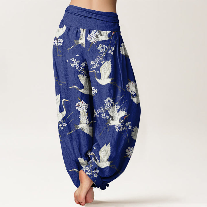 Spodnie haremowe damskie z elastyczną talią i wzorem w kwiaty żurawia w stylu casual i eleganckim z motywem kamieni Buddha Stones - image 7
