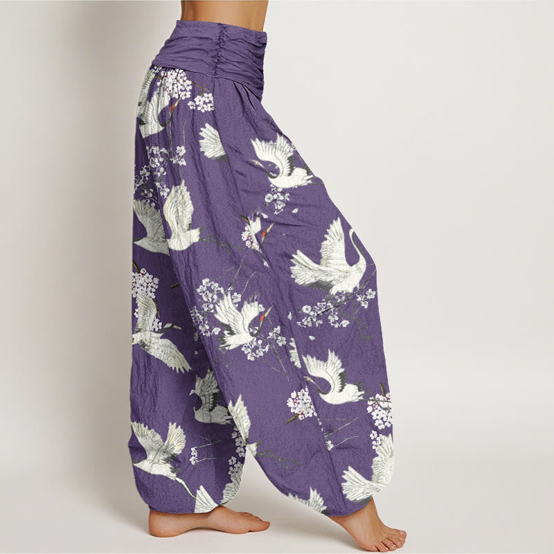 Spodnie haremowe damskie z elastyczną talią i wzorem w kwiaty żurawia w stylu casual i eleganckim z motywem kamieni Buddha Stones - image 9