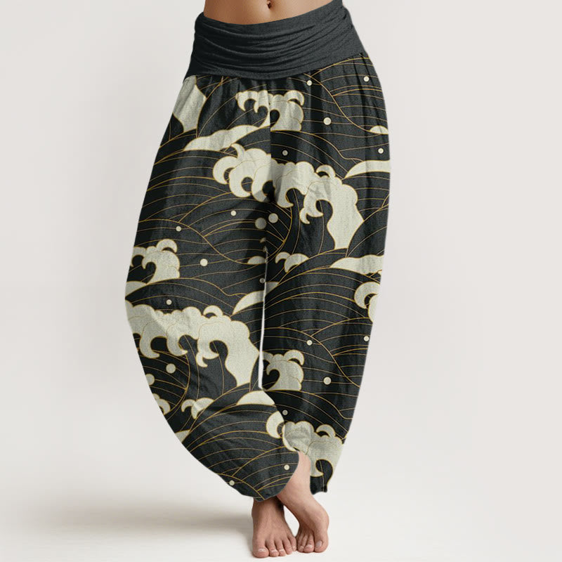 Spodnie haremowe damskie z elastyczną talią i abstrakcyjnym wzorem fal z motywem Buddha Stones - Czarny - US22, UK/AU26, EU54 (6XL) - image 1