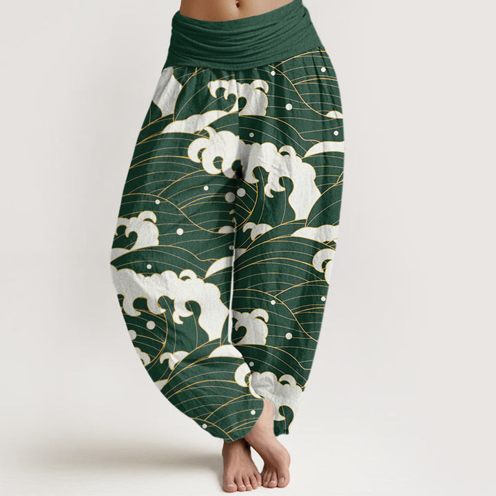 Spodnie haremowe damskie z elastyczną talią i abstrakcyjnym wzorem fal z motywem Buddha Stones - Zielony - US22, UK/AU26, EU54 (6XL) - image 5