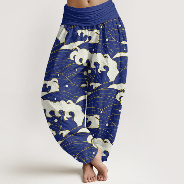 Spodnie haremowe damskie z elastyczną talią i abstrakcyjnym wzorem fal z motywem Buddha Stones - MediumBlue - US22, UK/AU26, EU54 (6XL) - image 8