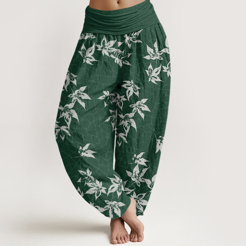 Spodnie haremowe damskie z elastyczną talią i wzorem liścia klonu "Buddha Stones" - Ciemnozielony - US22, UK/AU26, EU54 (6XL) - image 1