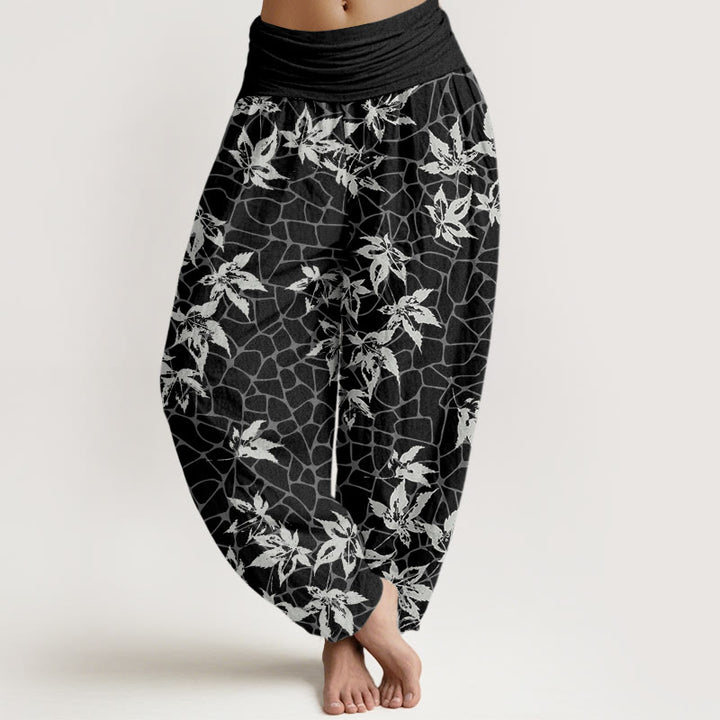 Spodnie haremowe damskie z elastyczną talią i wzorem liścia klonu "Buddha Stones" - Czarny - US22, UK/AU26, EU54 (6XL) - image 8