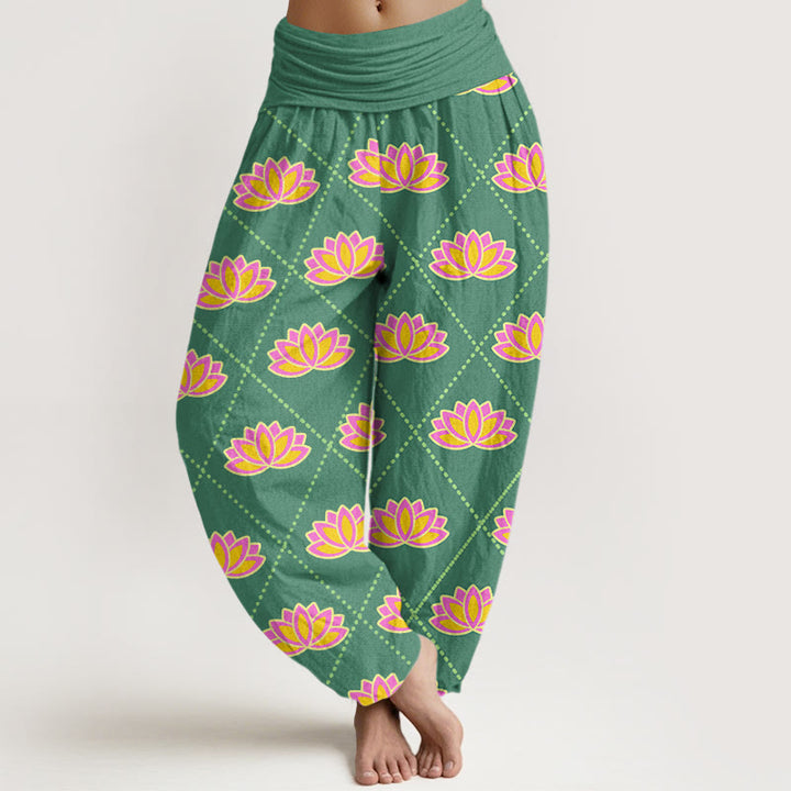 Spodnie haremowe damskie z elastyczną talią i wzorem w kwiaty lotosu w stylu Buddha Stones - MediumSeaGreen - US22, UK/AU26, EU54 (6XL) - image 1