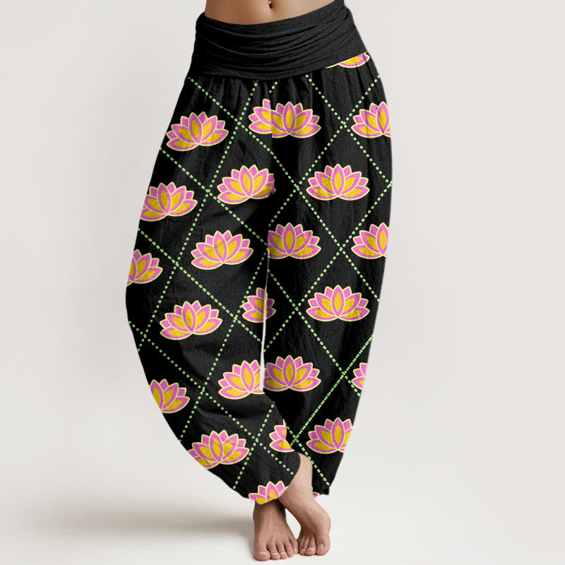 Spodnie haremowe damskie z elastyczną talią i wzorem w kwiaty lotosu w stylu Buddha Stones - Czarny - US22, UK/AU26, EU54 (6XL) - image 5