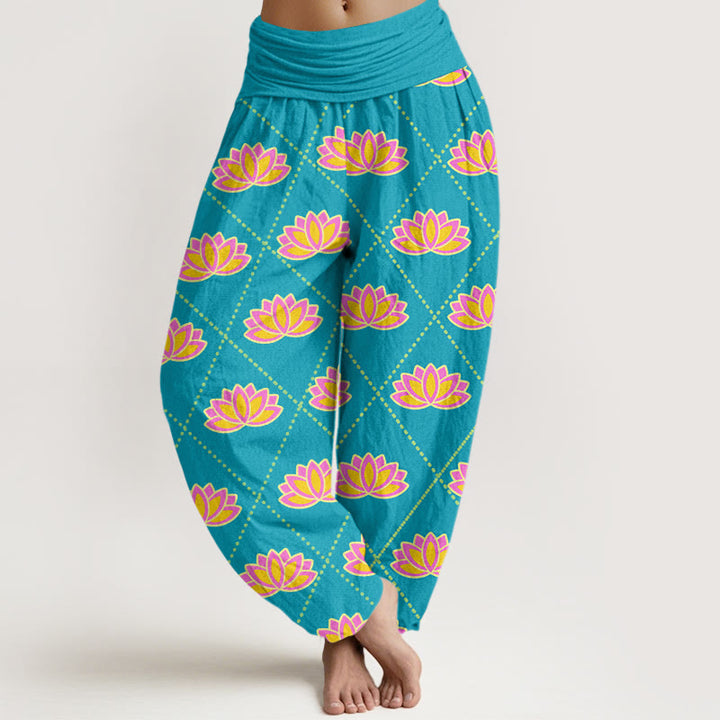 Spodnie haremowe damskie z elastyczną talią i wzorem w kwiaty lotosu w stylu Buddha Stones - DeepSkyBlue - US22, UK/AU26, EU54 (6XL) - image 8