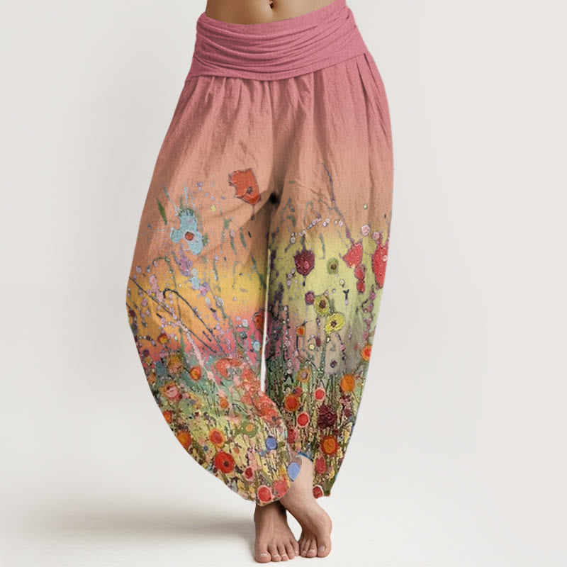 Buddha Stones haremowe z elastyczną talią i elastycznym pasem w swobodne, kolorowe kwiaty i gradientowe tło - LightCoral - US22, UK/AU26, EU54 (6XL) - image 1