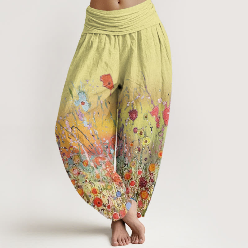 Buddha Stones haremowe z elastyczną talią i elastycznym pasem w swobodne, kolorowe kwiaty i gradientowe tło - Khaki - US22, UK/AU26, EU54 (6XL) - image 5