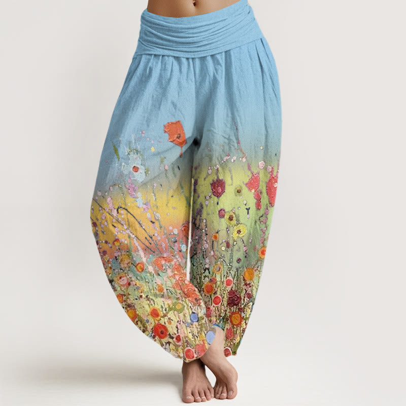 Buddha Stones haremowe z elastyczną talią i elastycznym pasem w swobodne, kolorowe kwiaty i gradientowe tło - LightSkyBlue - US22, UK/AU26, EU54 (6XL) - image 8