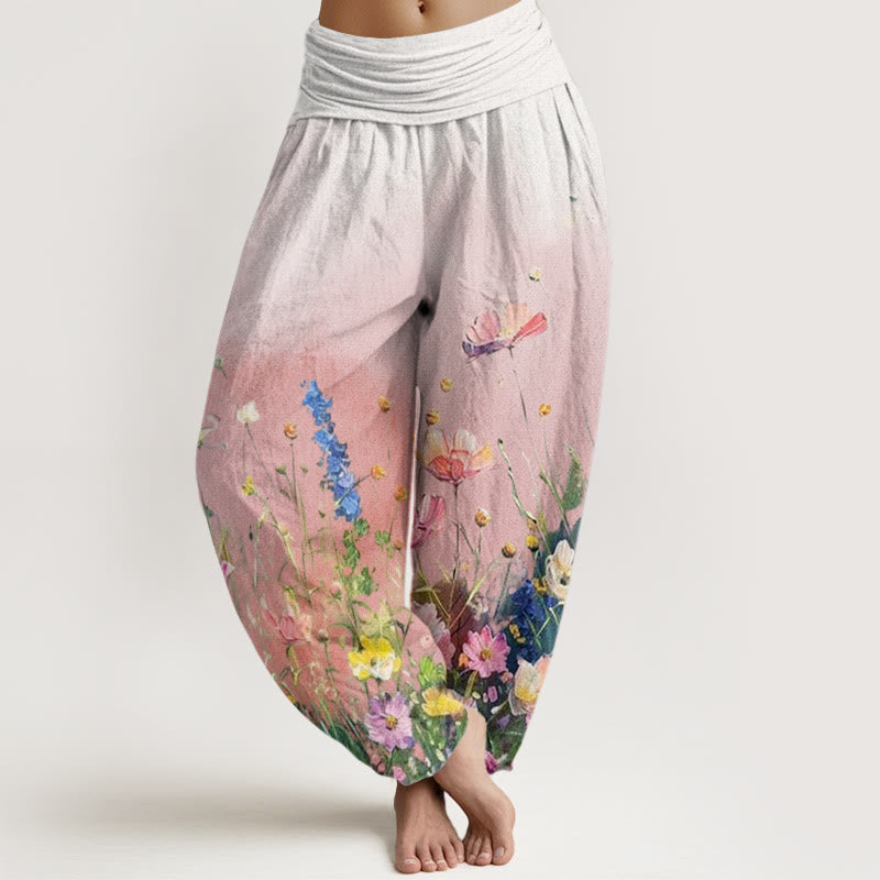 Damskie spodnie haremowe z elastyczną talią i wzorem w kwiaty w stylu akwareli z motywem Buddha Stones - Różowy - US22, UK/AU26, EU54 (6XL) - image 1