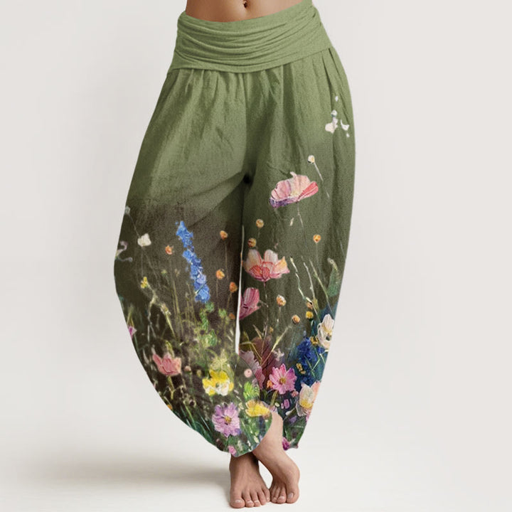 Damskie spodnie haremowe z elastyczną talią i wzorem w kwiaty w stylu akwareli z motywem Buddha Stones - Oliwkowy - US22, UK/AU26, EU54 (6XL) - image 5