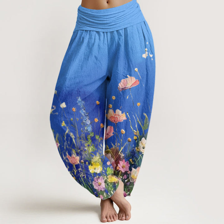 Spodnie haremowe damskie z elastycznym pasem i bawełnianą, swobodną, ​​akwarelową, kwiatową talią i Buddha Stones - DodgerBlue - US22, UK/AU26, EU54 (6XL) - image 7