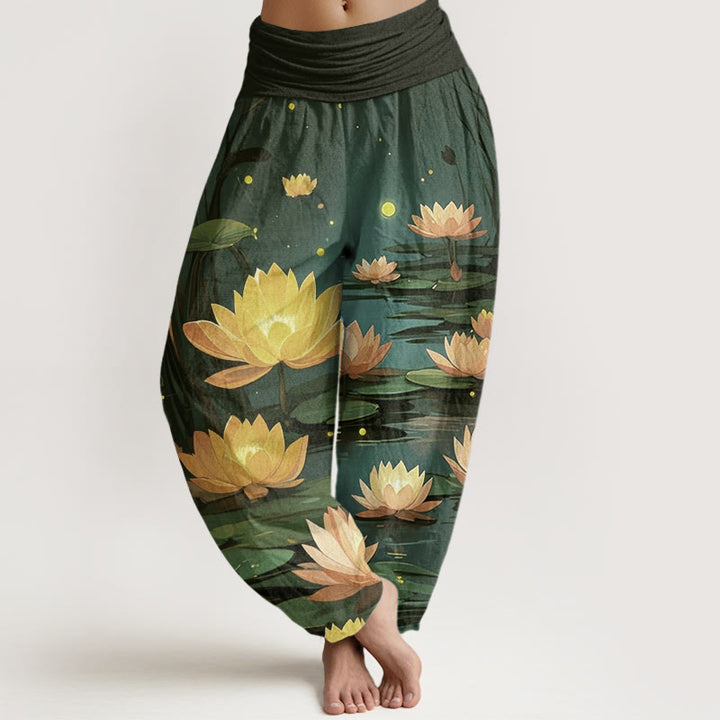 Spodnie haremowe damskie z elastyczną talią i wzorem lotosu w Buddha Stones , swobodne i spokojne na noc - Ciemnozielony - US22, UK/AU26, EU54 (6XL) - image 8