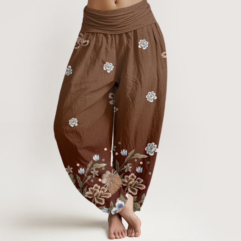 Damskie spodnie haremowe z elastyczną talią i wzorem "Buddha Stones" w kwiaty - SaddleBrown - US22, UK/AU26, EU54 (6XL) - image 5