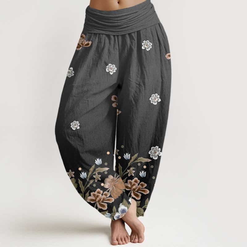 Damskie spodnie haremowe z elastyczną talią i wzorem "Buddha Stones" w kwiaty - Czarny - US22, UK/AU26, EU54 (6XL) - image 8