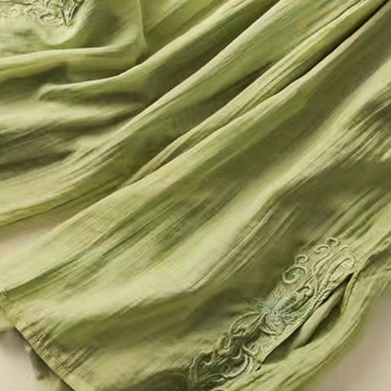 Buddha Stones Retro Casual Haftowany Wzór Ściągacz Bawełna Len Damskie Szerokie Nogawki Spodnie Z Kieszeniami