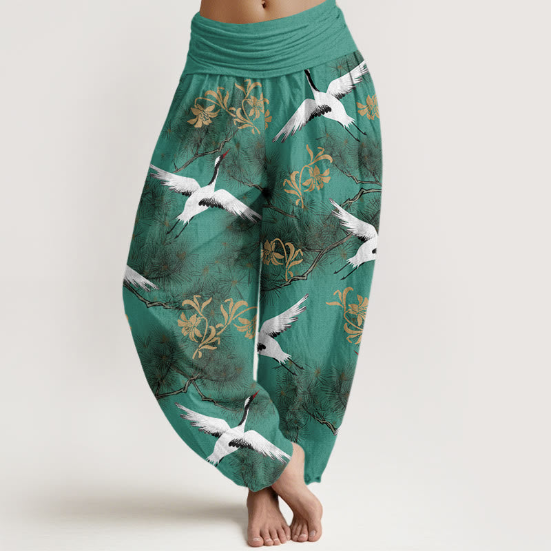 Buddha Stones Luźne spodnie damskie typu harem z elastyczną talią i wzorem żurawia mandżurskiego - MediumSeaGreen - US22, UK/AU26, EU54 (6XL) - image 1