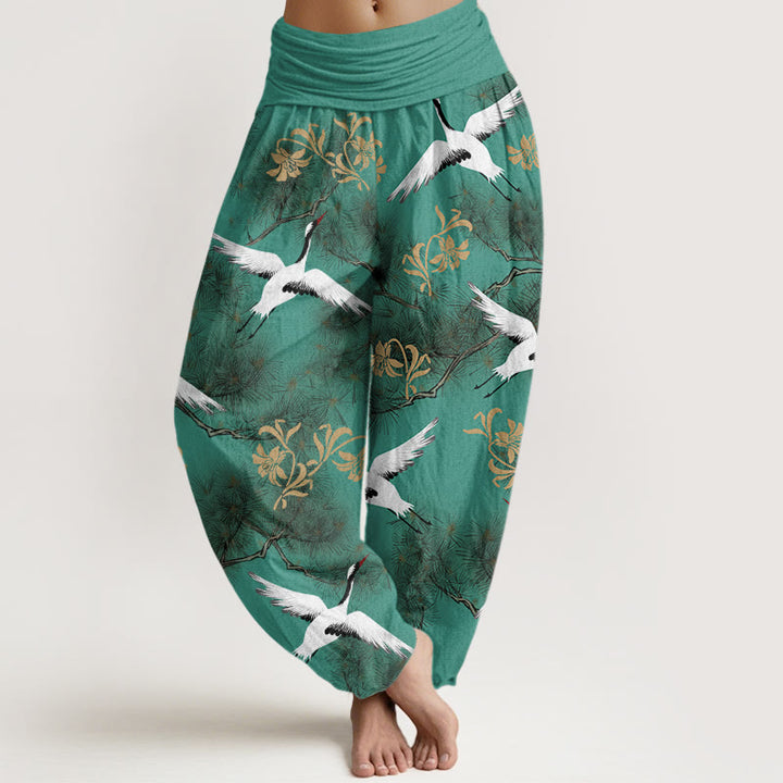 Buddha Stones Luźne spodnie damskie typu harem z elastyczną talią i wzorem żurawia mandżurskiego - MediumSeaGreen - US22, UK/AU26, EU54 (6XL) - image 1