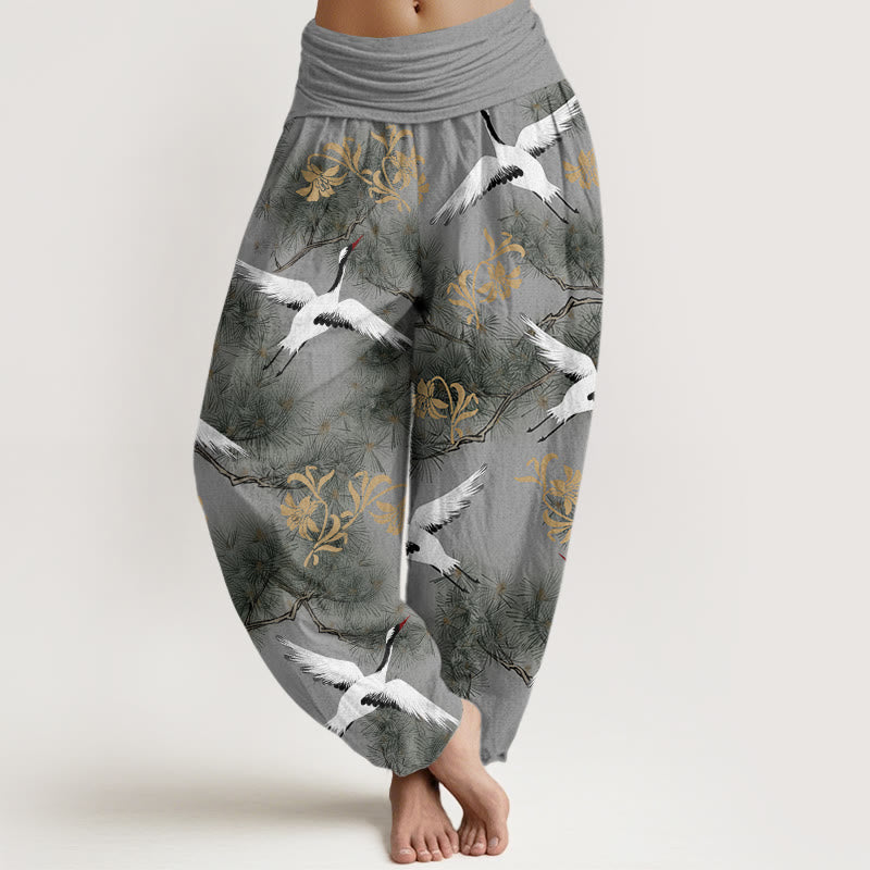 Buddha Stones Luźne spodnie damskie typu harem z elastyczną talią i wzorem żurawia mandżurskiego - Szary - US22, UK/AU26, EU54 (6XL) - image 8