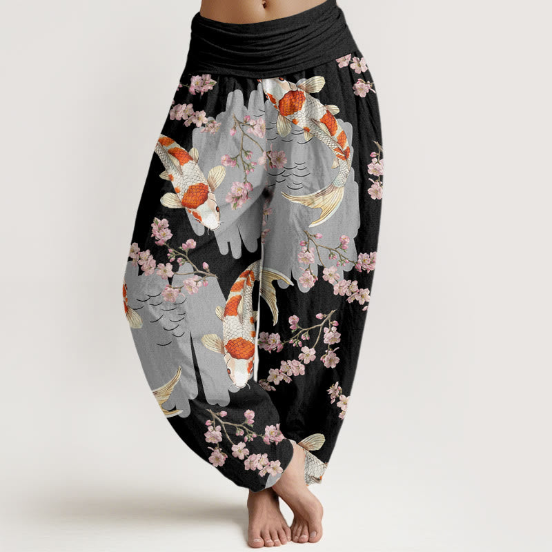 Spodnie haremowe damskie z elastycznym pasem i motywem rybki koi z motywem kwitnącej wiśni, wykonane z bawełny i Buddha Stones - Czarny - US22, UK/AU26, EU54 (6XL) - image 4
