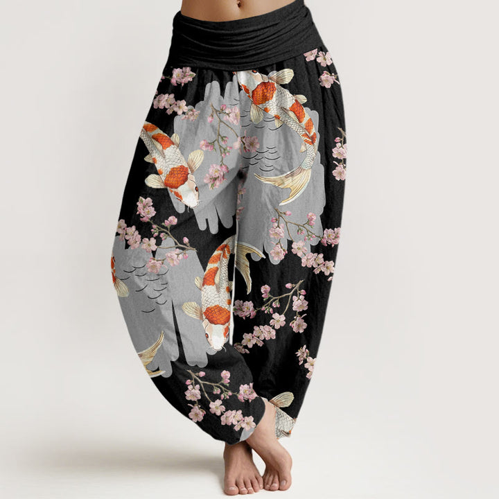 Spodnie haremowe damskie z elastycznym pasem i motywem rybki koi z motywem kwitnącej wiśni, wykonane z bawełny i Buddha Stones - Czarny - US22, UK/AU26, EU54 (6XL) - image 4