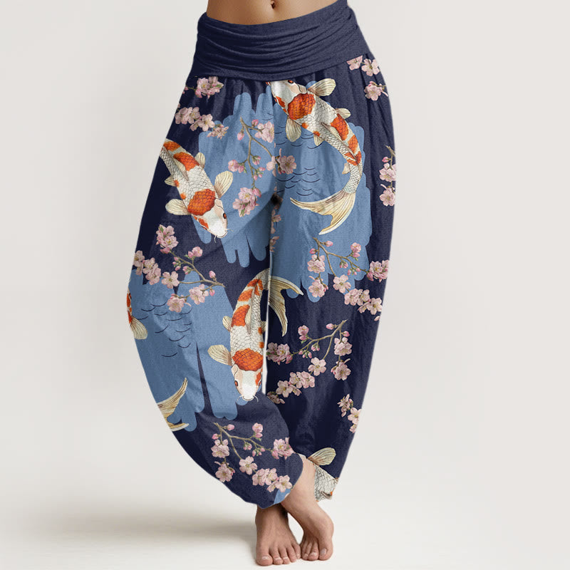 Spodnie haremowe damskie z elastycznym pasem i motywem rybki koi z motywem kwitnącej wiśni, wykonane z bawełny i Buddha Stones - MidnightBlue - US22, UK/AU26, EU54 (6XL) - image 7