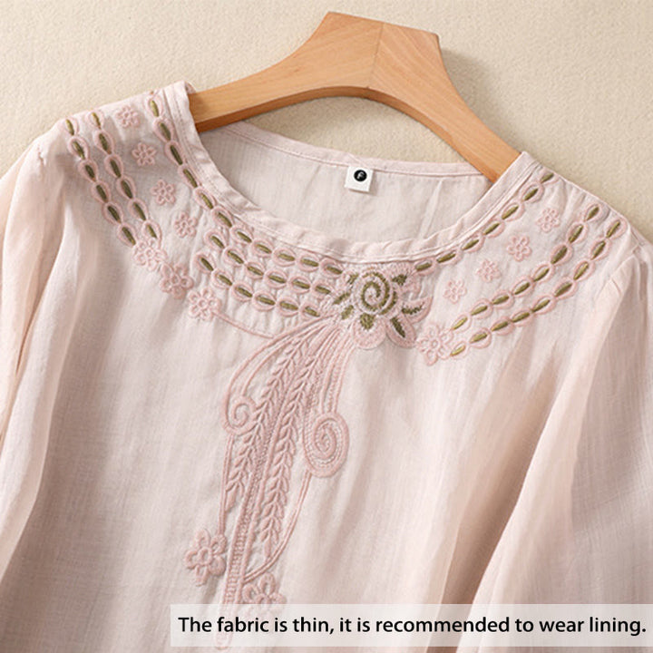 Koszula damska Buddha Stones z okrągłym dekoltem i pustym wzorem, z krótkim rękawem, z bawełny i lnu