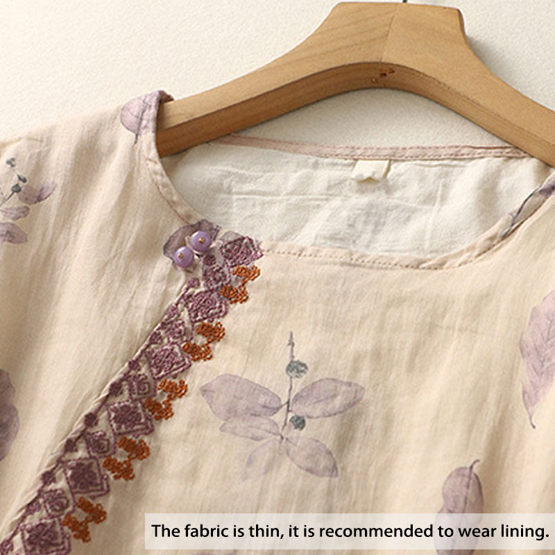 Koszula damska z bawełny i lnu z rękawem trzy czwarte, haftowane Buddha Stones, liście - image 1