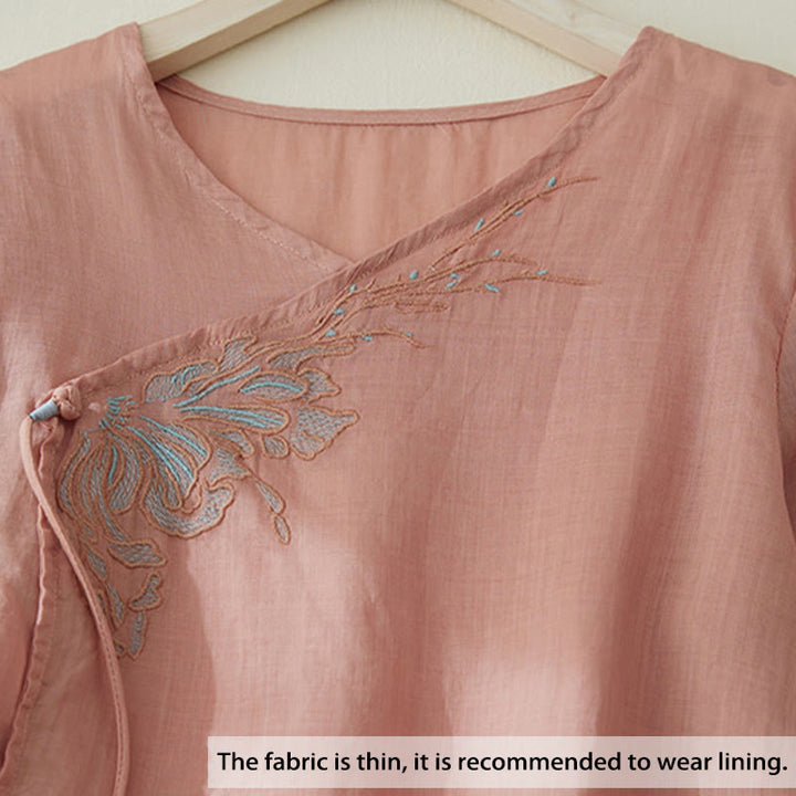 Koszula damska z haftem w kamienie Buddha Stones , z bawełny i lnu, z trzema czwartymi rękawami - image 3