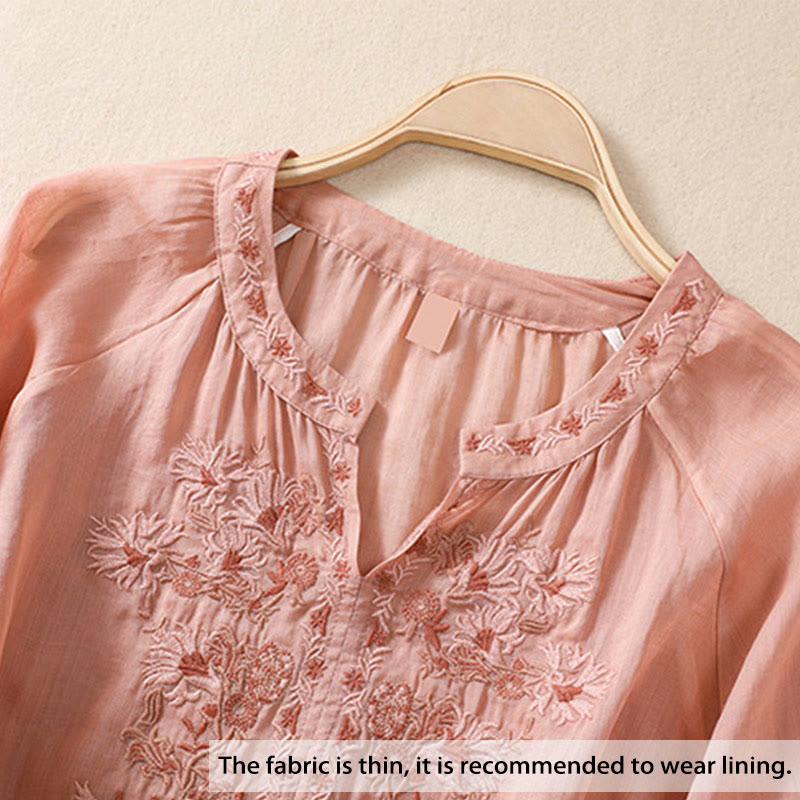 Koszula Buddha Stones z bawełny i lnu z haftem i rękawami trzy czwarte