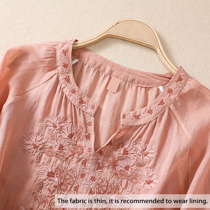 Koszula Buddha Stones z bawełny i lnu z haftem i rękawami trzy czwarte  - image 2