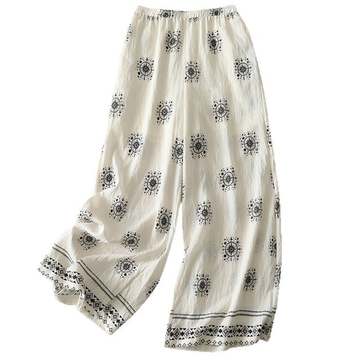 Damskie spodnie bawełniane z szerokimi nogawkami i kieszeniami, z nadrukiem w Buddha Stones w stylu boho, z niebiańskim wzorem - image 14